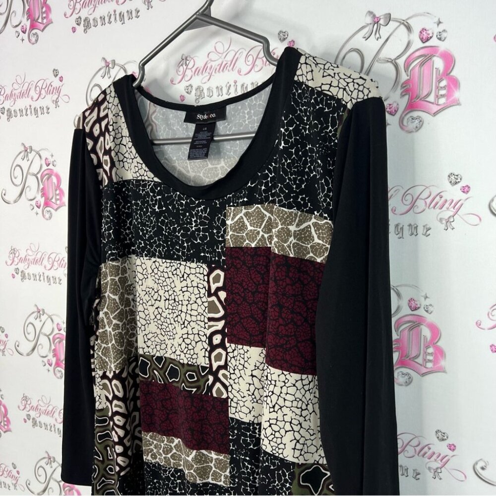 Style & Co. Dress ruffle frilly hem animal print Black and Red Patchwork Tunic - Picture 4 of 7